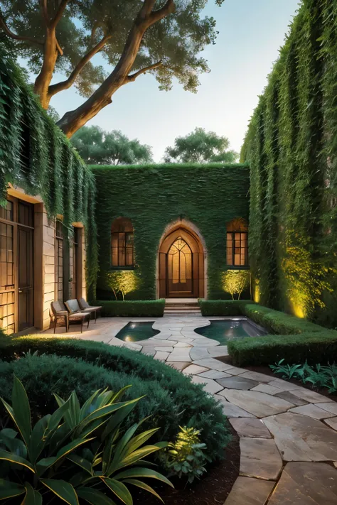 A serene backyard or lush garden scene featuring a majestic stone or brick wall, approximately 10-15 feet in length, with a soft, ethereal glow of warm, golden light emanating from the base, the glow of light is even on the entire wall, casting an enchanti...