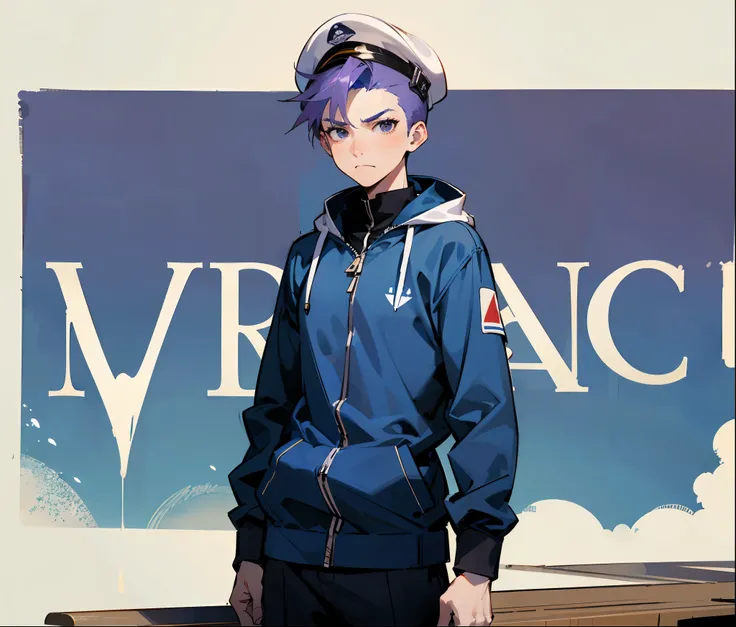 1male ,Adult Male, White Cap ,Sailors Uniform , Unzipped White and Blue Hoodie with the word marine written in blue letters  , Goggles on head , Pale Purple Hair, Black Eyes, Modern Undercut Hair , Serious Expression , Adult Male , Standing on a wooden nav...