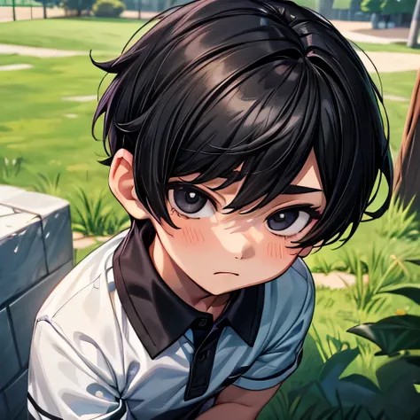 A handsome child cute 1boy 11yr cool,ahegao,short cut black hair and black eyes,wearing Knitted Short Polo shirt,webtoon style,from front,in backyard