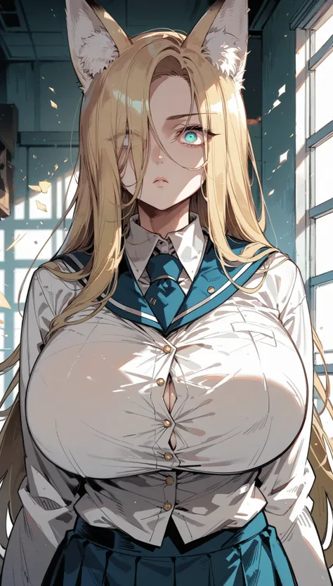 Cold Stare,(Fox Ears),(forehead,long hair over one eye),((side parted hair)),((huge breasts)),((Narrow eyes,Clear Eyes,Perfect Eyes)),Blonde,Long Hair,Old room,Magic School Uniform,Delinquent Girl,gal,mini skirt,