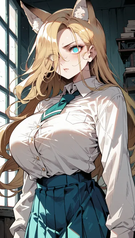 Cold Stare,(Fox Ears),(forehead,long hair over one eye),((side parted hair)),((huge breasts)),((Narrow eyes,Clear Eyes,Perfect Eyes)),Blonde,Long Hair,Old room,Magic School Uniform,Delinquent Girl,gal,mini skirt,