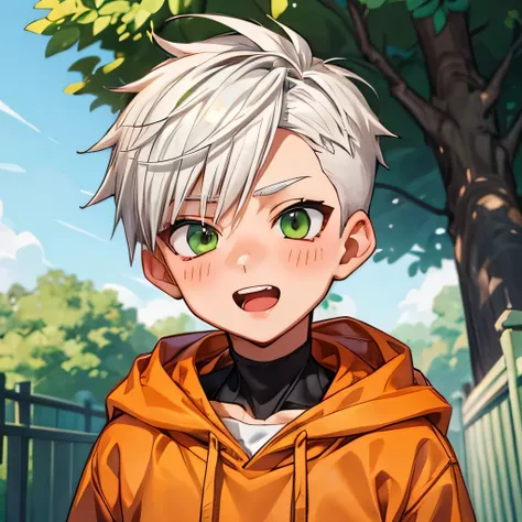 A handsome child cute 1boy 11yr laugh,ahegao,undercut white hair and green eyes,wearing orange hoodie,webtoon style,from front,in backyard