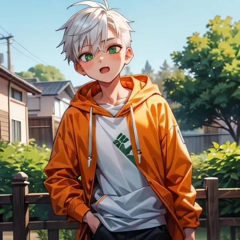 A handsome child cute 1boy 11yr happy,ahegao,undercut white hair and green eyes,wearing orange hoodie,webtoon style,from front,in backyard