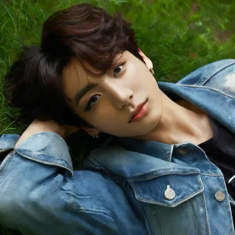 lying on a bed, with short black hair, muscular body, let your chest be noticed, Dark eyes and a defiant look