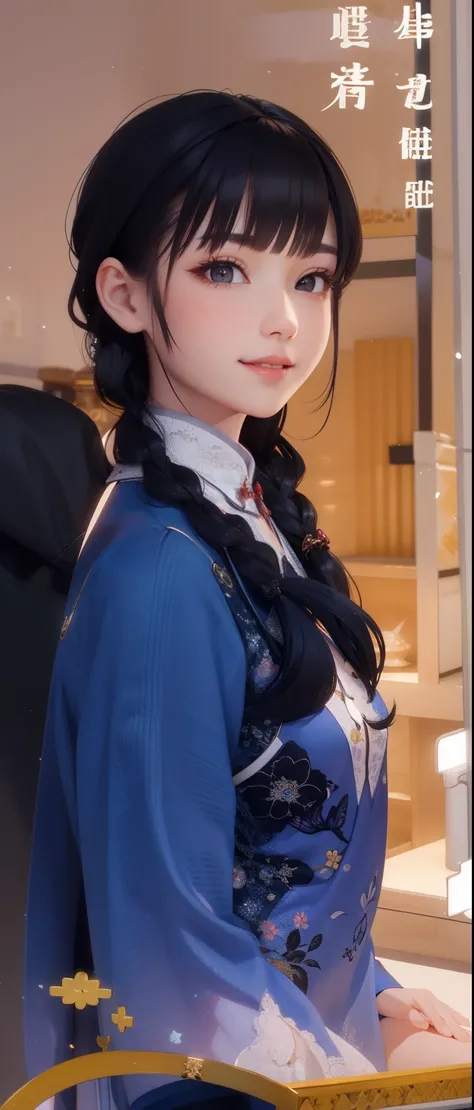 3d characters, Black eyes，Pure cheongsam，Cute smile，pretty girl，Classical Beauty，Braid，