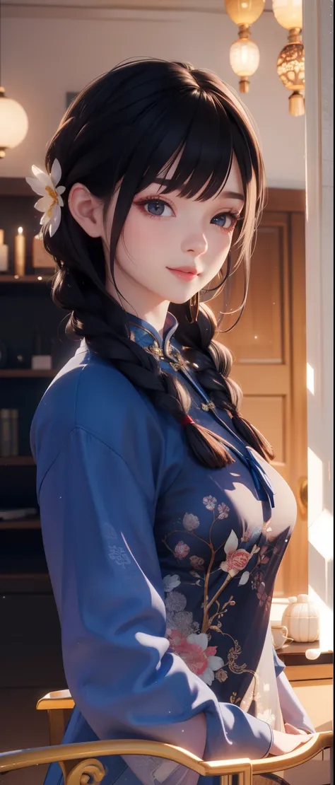 3d characters, Black eyes，Light beautiful plain cheongsam，Cute smile，Beauty，pretty girl，Classical Beauty，Braid，