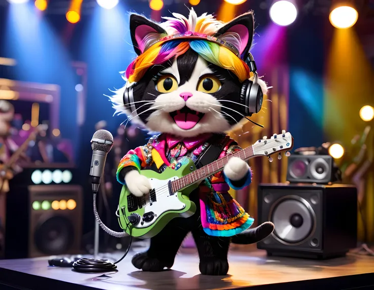 felt doll of a cat who became an idol singer, singing a song on stage of a tv station, idol outfit, headset, colourful spotlight...