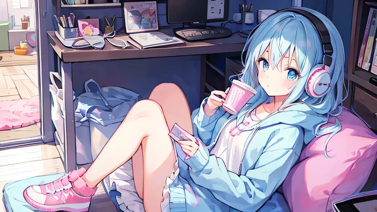 Girl listening to music in a cute room, headphones, pastel, holding a cup, fluffy clothing　Fluffy　Fun