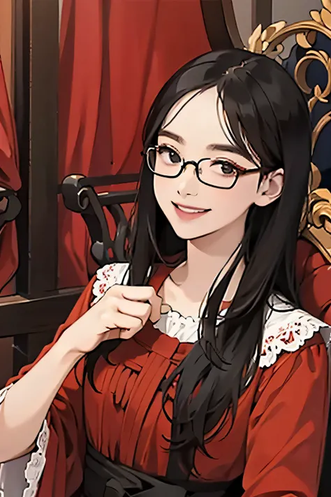 1woman, long straight black hair, eyeglasses, black eyes, red gown, javanese style, smile, palace