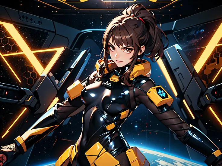 1girl, slender body, slim, extremely long ponytail, (dark brown hair), brown eyes, tan skin, smirk, ((ochre and black latex bodysuit)), (black armor), (((hexagonal mesh))), ((extremely glossy)), cyberwear, space background, starship interior, space cockpit...