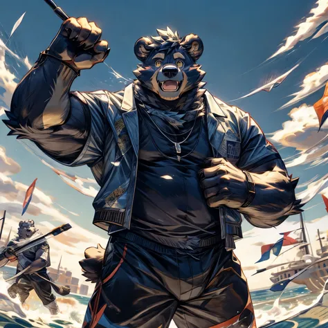 masterpiece,High quality,furry,one man,(bear),(yellow eye), mussle and fat, open mouth,Crying face, sunny sea side, swim pants, perfect background,one person