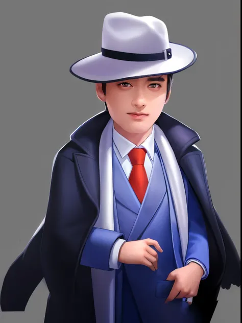 Man wearing a hat， Handsome and handsome，Look at the camera with big eyes，Handsome face，，Shanghai Beach Male Lead，Wear a blazer，,Game art style and anime character design、Beautiful hand-painted game illustrations、UHD、超detail、16k、Textured Skin、高detail、 Prof...