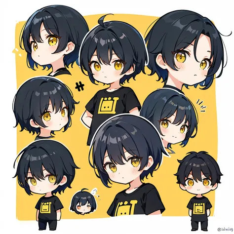 1 adult male，Short Hair, Black Hair, Yellow T-shirt, Various expressions, Chibi, No background, Yellow Eyes, whole body, One person, Chibi style, Short hair,