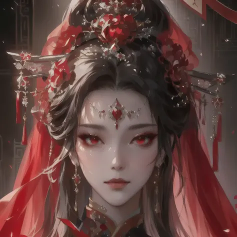 a close up of a woman with a red veil and red eyes, a beautiful fantasy empress, ((a beautiful fantasy empress)), beautiful elegant demon queen, fantasy art style, beautiful character painting, guweiz, by Yang J, artwork in the style of guweiz, chinese emp...