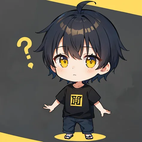 1 adult male，Short Hair, Black Hair, Yellow T-shirt, A wondering expression, Chibi, No background, Yellow Eyes, whole body, One person, Chibi style, Short hair, Question mark,