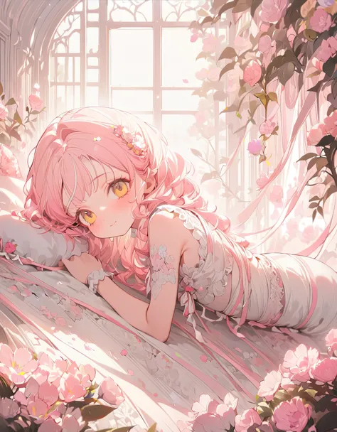 (Beautiful, beautiful, Very detailed, masterpiece, high quality,High resolution),(soft thin lines:1.2, beautiful, Petite and cute face), whole body,girl lying down, From top to bottom,Lots of flowers,indoor((White裙子,ribbon, Lace and ruffles), pink，White，ye...