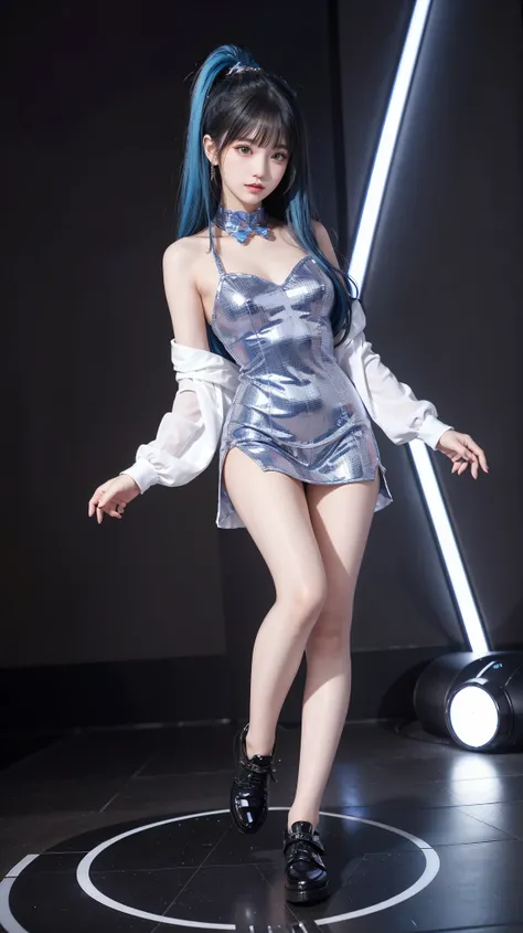 cyber idol、 　、full body esbian、、 、gold mini dress、fluorescent blue hair、cyber stage