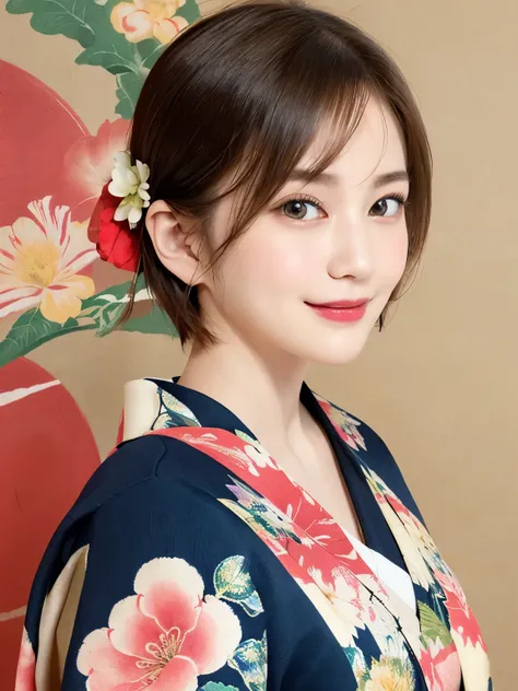 288 (20-year-old woman,Short Hair) , (A kind smile) , (kimono), (colorful), (Japanese painting by Uemura Shōen), flower