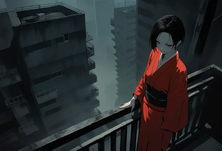 Red silk kimono。Thick Fog,Foggy World。Standing on the balcony。Black Belt。Laughing。((Flat Color)),((Calm colors))。Black Short Hair。forehead, Beautiful red eyes。Dead skin。Alone。darkness。Spooky atmosphere。Japan。Concrete City。Delicate depiction。Realistic textu...