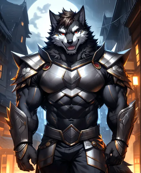 solo, anthro, furry, furry male, wolf, ((fluffy fur, fluffy, furry body)), (wolf print), red eyes, hair tuft, short hair, (black body, black body, muscles), wolf tail, ((brown hair,)), (black muzzle, white forearms), detailed fluffy fur, detailed face, det...