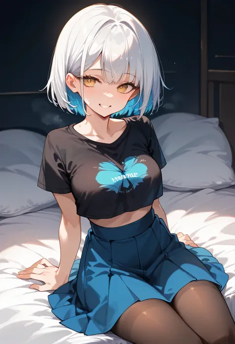 (masterpiece) best quality, heat-shaped face, perfect round yellow eyes, short white hair with blue tinted ends, black & white cropped top t-shirt, pantyhose, D-cup breasts, skirt, smiling, sitting on bed, lifting skirt a little