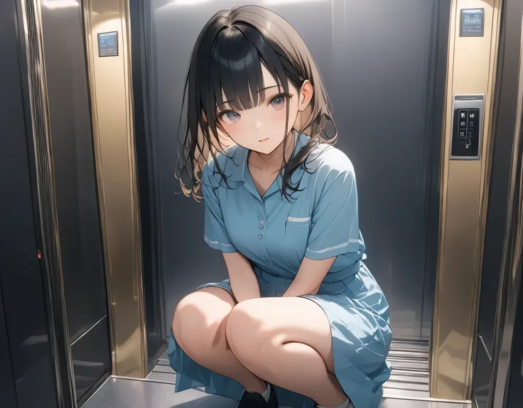 material, Elevator,(Amazingly absurd)),(masterpiece:1.2),超High resolution, Attention to detail, high quality, High resolution, 最high quality, 4K, 8k、狭いElevator、Dark Room、Holding in pee、Girl、sit、Squatting with legs crossed、Close your legs、A patient expressi...