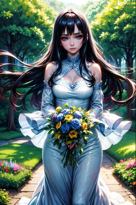 A beautiful anime girl, detailed beautiful blue eyes, long eyelashes, delicate facial features, long dark hair, serene expression, wearing a white dress, standing in a lush garden with flowers and butterflies, sunlight filtering through the trees, vibrant ...