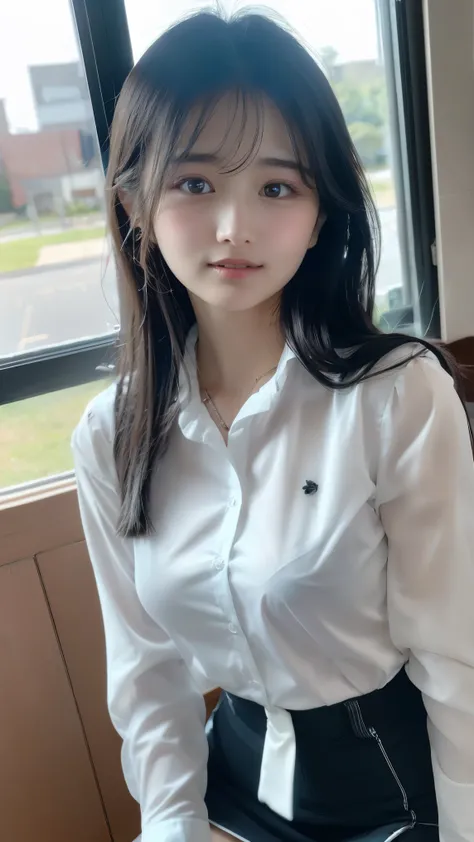 Long neck,White shirt bursting chest,Best Quality,Ultra-high resolution,1 person,whole body,Black Hair, bangs, Cool look,Looking into the camera,Beautiful and delicate face,Delicate and beautiful skin,Texture,high school student, uniform,((Wearing a blouse...