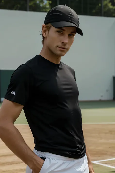 A male tennis player stands 30 years old with a blond cap standing sideways to the left side looking straight at the camera dressed in a black T-shirt