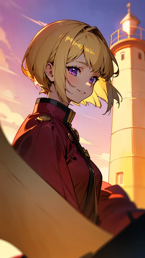 1 female、Blonde、bangs、Bobcut、Straight Hair、Chignon hairstyle、Purple Eyes、Wicked Smile、From the side、Red rider jacket、Long sleeve、gloves、Golden Hour Sky、Lighthouse Background、Blowing in the Wind、Upper body close-up、Sharp contours