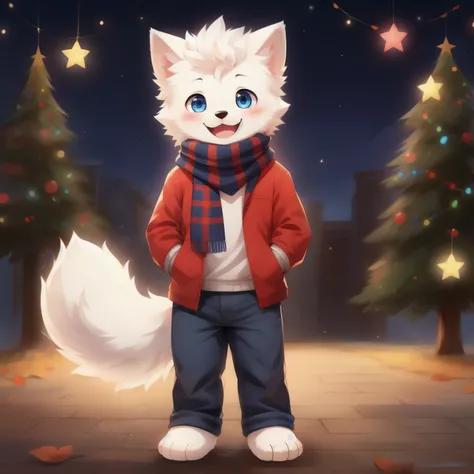 Samoyed, boy, Cuteness, blush, happy face, Blue eyes, red jacket, jeans, Barefoot, scarf, Standing,