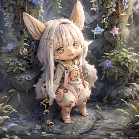 in the garden, smile, similar to nanachi from made in abyss. she is beautiful, beautiful eyes and lips.  (((chibi style,))) . im...