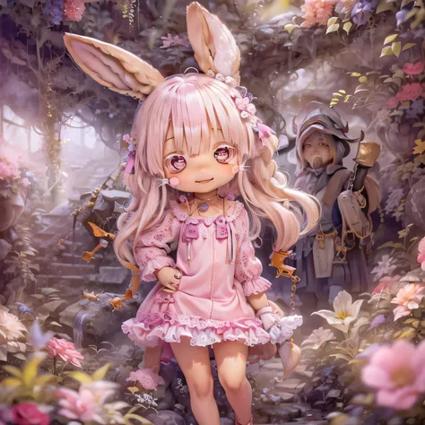 in the garden, smile, similar to nanachi from made in abyss. she is beautiful, beautiful eyes and lips.  (((chibi style,))) . im...