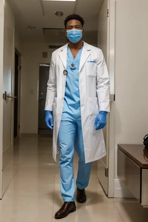 Hyper realistic full body image of a male african american medical doctor standing confident, wearing a serurgic mask and surgeon gloves and a stehoscope