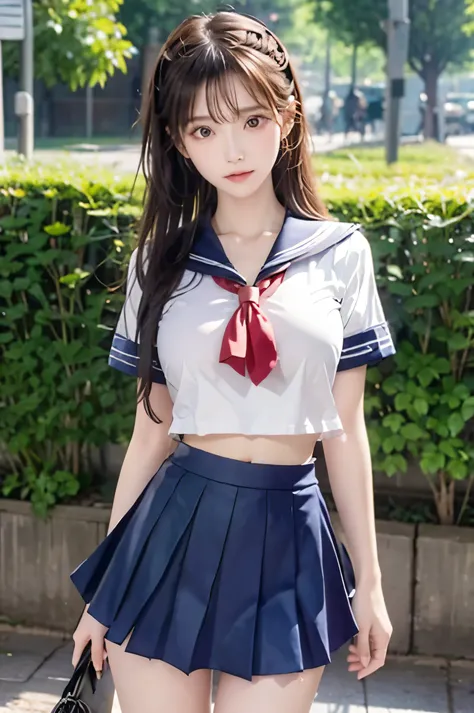 (Ultra HD), (Looking at me), (Short-sleeved sailor uniform, Navy blue mini skirt), Big Breasts, Super beautiful breasts, Slender, (Thin legs:1.2), (Thin thighs:1.2), (Thin Hips:1.4), (Beautiful Skin, Shiny skin, White skin), (Super slim face, Super beautif...