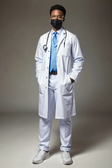 Hyper realistic full body image of a male african american medical doctor standing confident, wearing a surgeon mask gloves, a stehoscope and white shoes