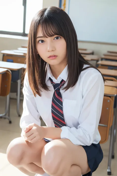 Highest quality,Ultra-high resolution,high school girl,1 person,whole body,Black Hair, A serious expression,Looking into the camera,Beautiful Skin,High School Uniform, tie,Low chest,Small breasts,Check skirt,White panties,thigh,after school,classroom,Squat...
