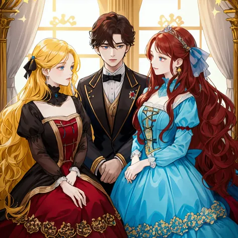 2 women, one woman have long wavy hair, yellow bright hair and blue eyes, wearing blue dress. and the other woman have short straight hair, dark red hair and dark red eyes, wearing black dress. {happy,charming,cute,ribbon,flowers}, high quality, historical...