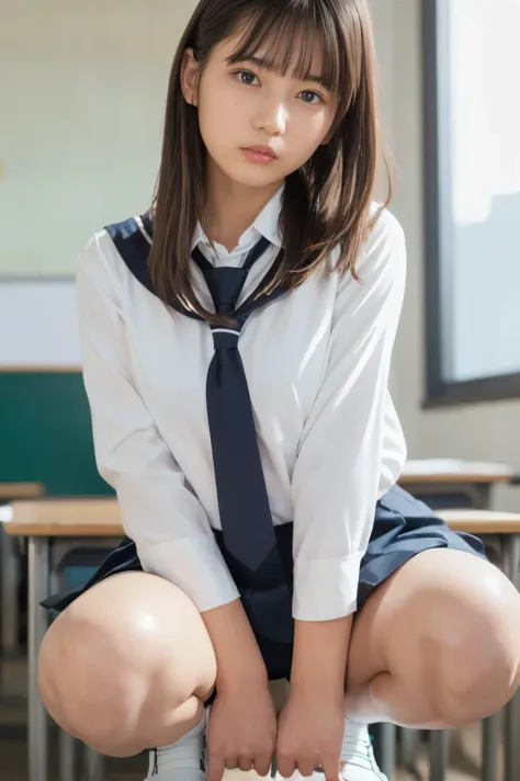 cleavage, Highest quality,Ultra-high resolution,high school girl,1 person,whole body,Black Hair, A serious expression,Looking into the camera,Beautiful Skin,High School Uniform, tie,Low chest,Small breasts,Check skirt,White panties,thigh,after school,class...