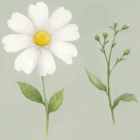 there are two white flowers with green leaves on the stems, white flower, flowers and stems, flowers and foliage, by Tomioka Tessai, botanical illustration, depicting a flower, chamomile, white flowers, white petal, alexis flower, by Yasutomo Oka, daisy, b...