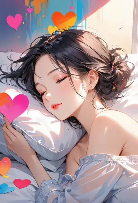 Christian Riese Lassen Style, Simple line initials，Abstract art，Urban Background, (((The most beautiful girl of all time))), Cute Face. Lips in Love, Colorful Hearts, Stylish design,sleeping face、Black Hair、Eyes closed, Sweet bed room