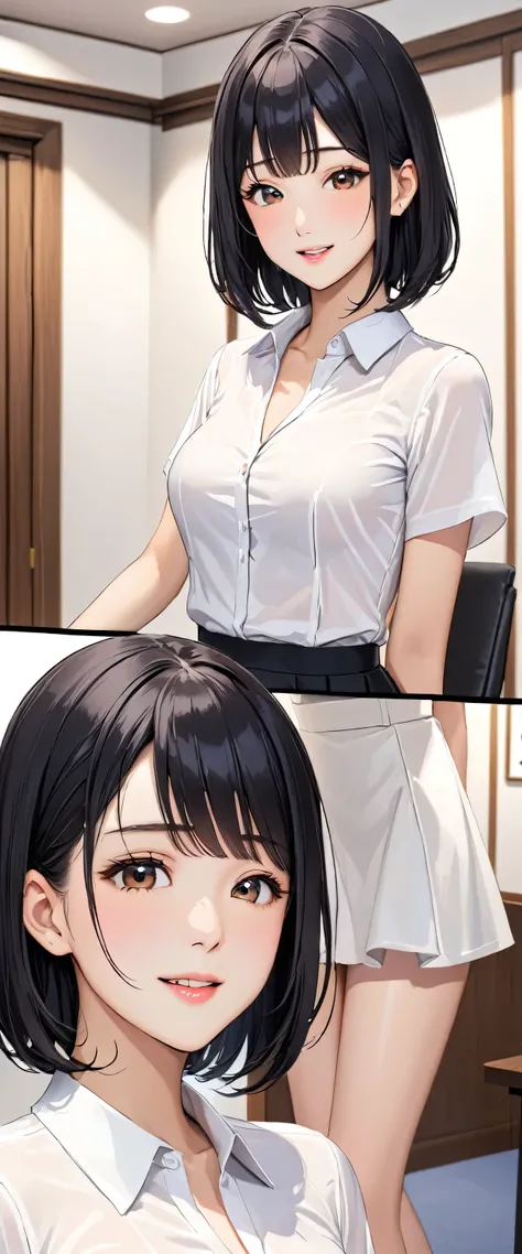 1 female、One Person、Beautiful black hair、Short Hair、(Dress correctly), (White blouse)、(Tight skirt)、（simple）、Beautiful breasts、Front、smaile, Sweating、((Simple))、(Meeting Room)