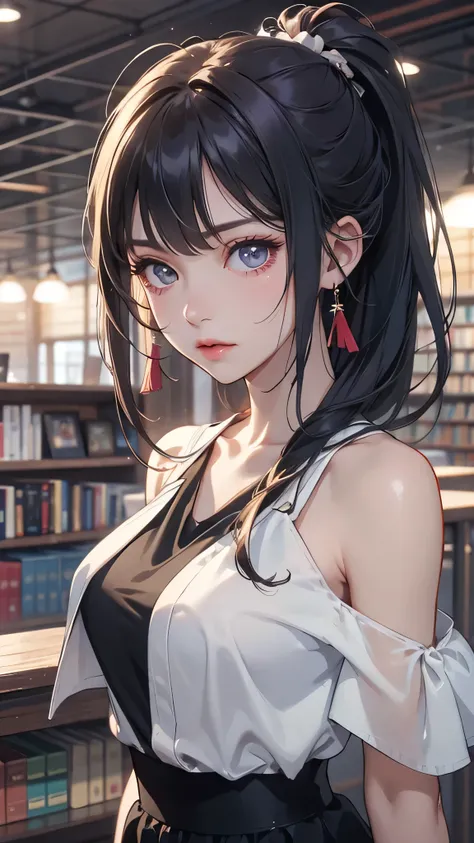 Upper body, close up, anime, anime cg, 1  girl, blackberry hair, long ponytail,solo, looking at viewers, open shoulder, library, short skirt, (very detailed background:1.0), (highly detailed background:1.0),