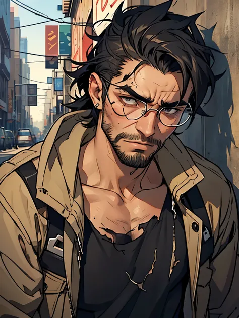 weak dirty tramp men, black eyes, broken circular glasses, funky and insecure face, brow hair, very dirty, poor, homeless, junkie with brow hair, torn clothes, long bear, scifi, detailed face, anime style, anime