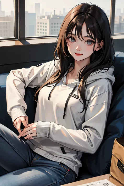 High image quality,Black hair down to the back, room,Grey Eyes, Adult women,hoodie、sitting on jeans sofa,smile、Long eyelashes,High resolution, From the chest up