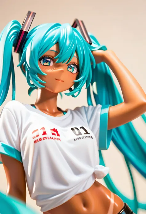 masterpiece, Hatsune Miku, masterpiece, Hatsune Miku, White shirt, brmeek, twintails, very long hair, dark-skinned female, tanlines,