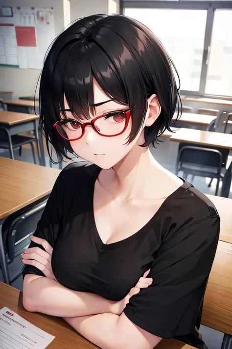 Short black hair、Red glasses、Big Breasts、Black T-shirt、Cute Girls、high school student、classroom、Rear view、Arms crossed、I close my eyes and worry