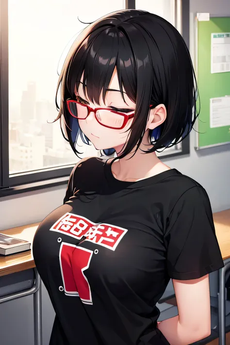 Short black hair、Red glasses、Big Breasts、Black T-shirt、Cute Girls、high school student、classroom、Rear view、Arms crossed、Eyes closed