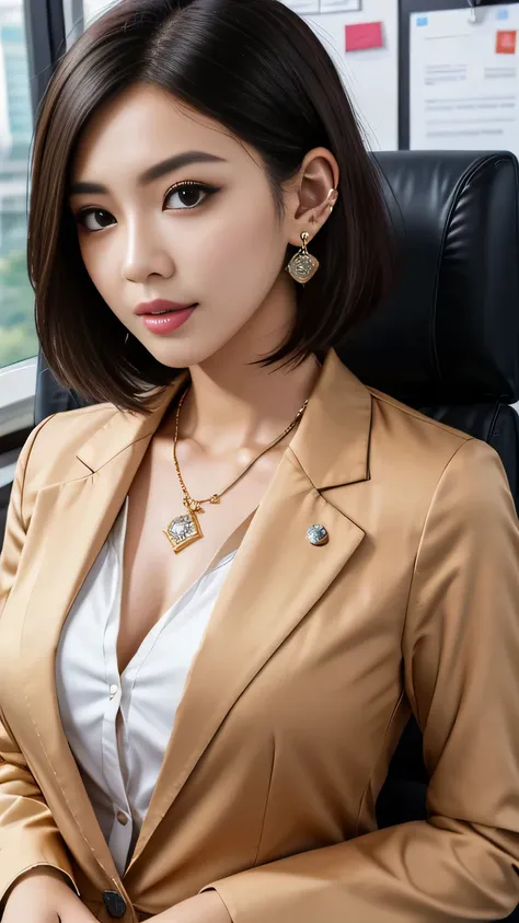 RAW Photo High Resolution, Very detailed, Intricate details, 、ear piercing、、Short Hair、Jet Black Hair、、Office Lady Suits 、jacket、shirt、Heavy makeup、Necklace around the neck、, The background is an office
