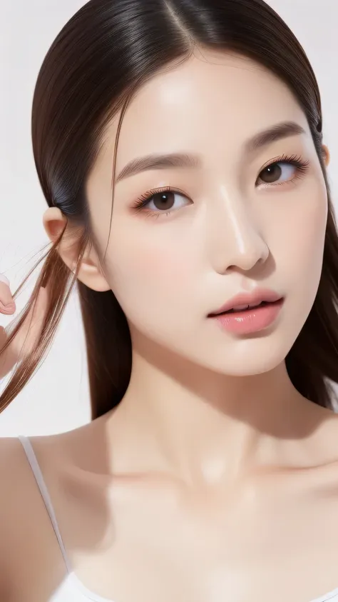 Featuring confident and radiant women、Generate AI Art Inspired by Korean Cosmetics Advertising。Displayed up to chest level、Her perfect skin、Lively makeup、Focus on fashionable hairstyles、Capturing the essence of K-beauty。Isolated on natural white background...